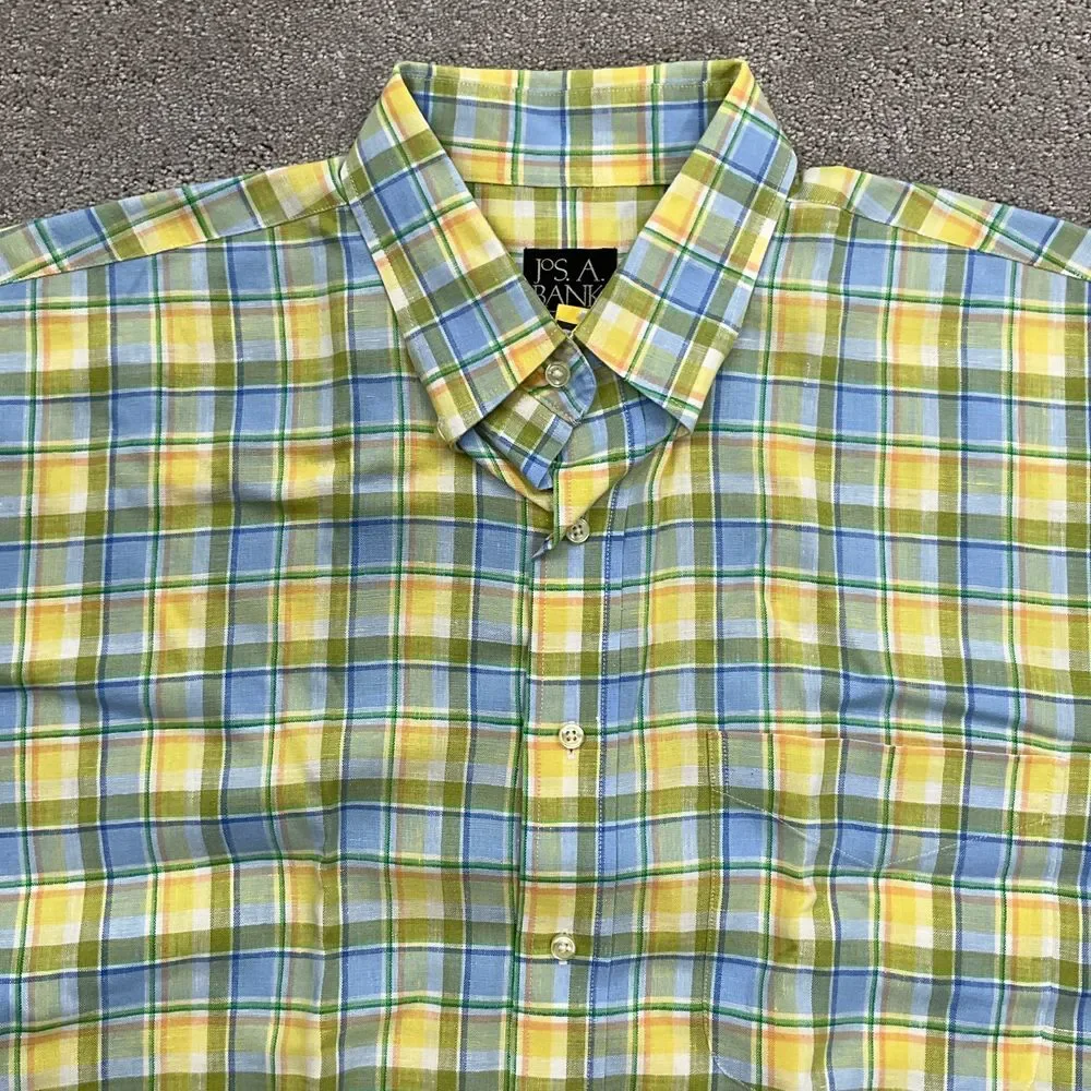 Jos A Banks Shirt‎ Men Large Yellow Green Blue Madras Plaid Linen Classic
